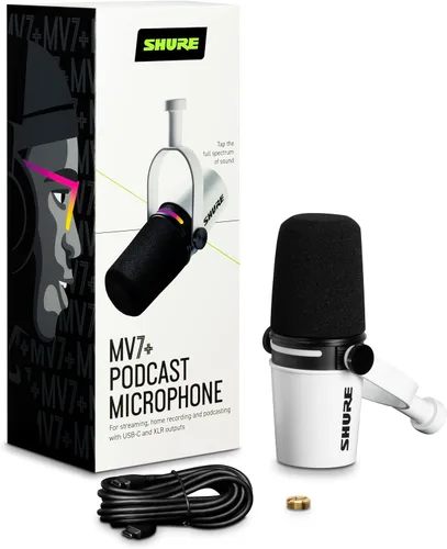 Vista 2 de Shure Micrófono dinámico MV7+ para podcast, certificado OBS, audio mejorado, panel LED, salidas USB-C y XLR, modo de nivel automático, filtro