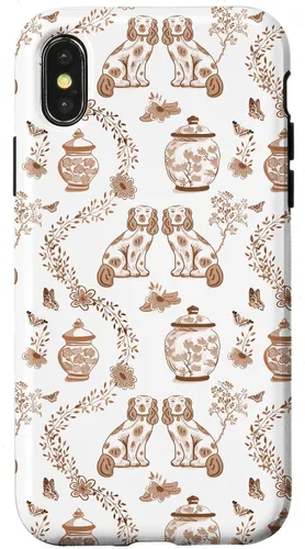 Vista 5 de Funda para iPhone XS Max Preppy Marrón y Blanco Toile Chinoiserie Perros y Jengibre