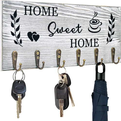 Vista 8 de Soporte de pared para llaves con palabras "Bless This Home", colgador de llaves de madera rústica con 6 ganchos para decoración de casa de campo