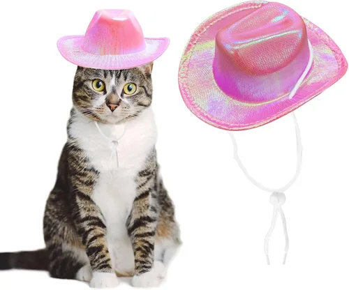 Vista 2 de Sombrero de vaquero para perro, disfraz de gato, bandana de vaquero del oeste, accesorios para mascotas, sombreros de vaquero brillantes metálicos