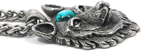 Vista 2 de Viking Fenrir - Collar de cabeza de lobo de acero inoxidable, cadena de trigo, amuleto pagano nórdico, joyería para hombres y mujeres