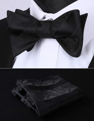 Vista 53 de HISDERN Pajaritas para hombre, corbatín de cachemira para hombre, corbata de lazo y bolsillo cuadrado, juego formal de esmoquin para boda