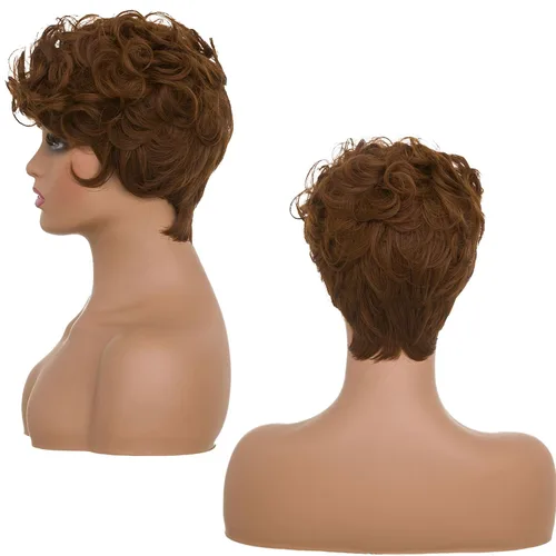 Vista 5 de MOONSHOW - Pelucas cortas de corte Pixie para mujeres negras, peluca de corte Pixie marrón Short Pixie Wigs for Black Women Natural Layered Short