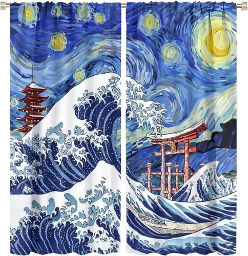 Vista 15 de Cortinas opacas con bolsillo para barra de arte asiático japonés para dormitorio, diseño de anime azul, océano, fantasía, cielo estrellado, Torii