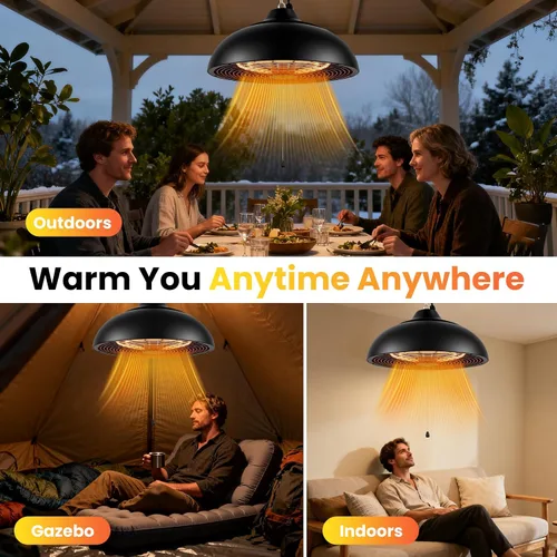 Vista 8 de Calentador eléctrico colgante de patio de 1500 W, calor instantáneo 3S, calentador de techo para exteriores con 3 modos, funcionamiento silencioso