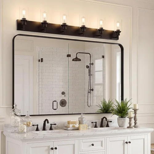 Vista 3 de Lámpara de tocador de baño negra de 6 luces con pantallas de vidrio Negro - Pantalla de vidrio transparente
