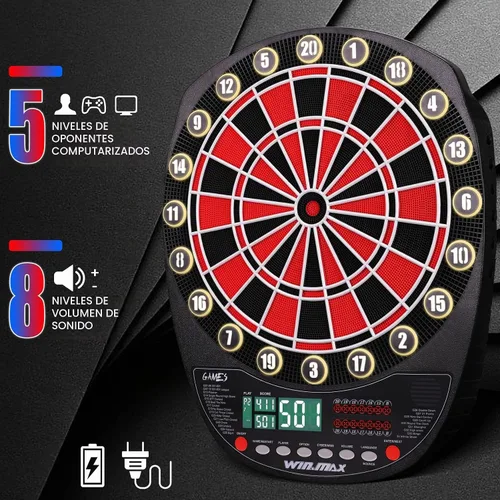 Vista 4 de WIN.MAX Tablero electrónico de dardos de punta suave, juego de pantallas LED, 3 idiomas con 12 dardos 100 puntas adaptador de corriente ROJO/NEGRO
