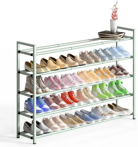 Vista 19 de Bumusty estante de zapatos de 2 niveles largo y expandible para clóset, estante de zapatos ajustable de 46-112 cm para entrada, estante organizador