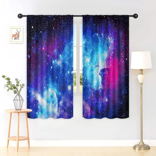 Vista 2 de Riyidecor Cortinas y Drapes Galaxia Espacio Nebulosa Cortinas de Cocina (2 Paneles 29.5 x 63 Pulgadas) Azul Bolsillo para Varilla Universo Planetas