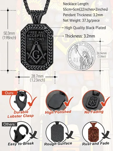 Vista 6 de FaithHeart Masonic Necklace for Men, Freemason Compass Symbol 18K Gold PlatedStainless Steel Free and Accepted Masons Pendant Jewelry with Gift Box