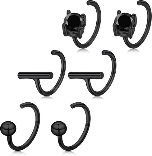 Vista 16 de CHIC & ARTSY Aretes de medio aro de plata de ley 925 para mujer, juego de aros pequeños con barra de bola, estrella, luna y perla, ligeros, ajuste