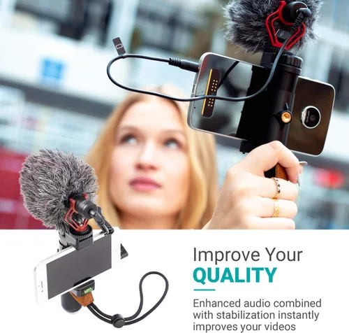 Vista 5 de Movo Kit de vlogging para teléfono inteligente para iPhone con micrófono de escopeta, mango de agarre, correa de muñeca para teléfonos inteligentes