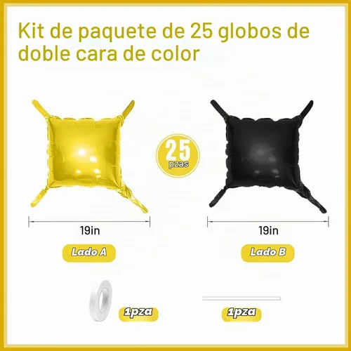 Vista 2 de Globos cuadrados metálicos dorados y negros de doble cara para pared, globos de aluminio cromado de 19 pulgadas, kit de arco de túnel para despedida