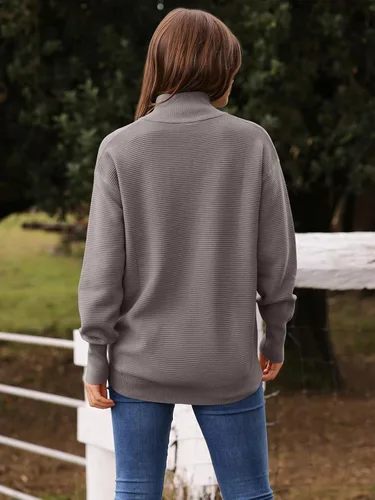 Vista 2 de DEEP SELF Otoño - Suéter elástico de manga larga con cuello en V y cremallera de 14 para mujer, suéteres sólidos de punto acanalado