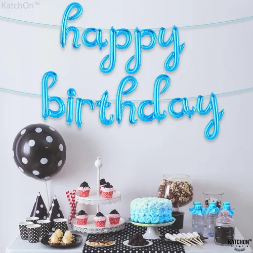Vista 5 de KatchOn, Cartel azul de feliz cumpleaños – Cartel cursivo de feliz cumpleaños de 16 pulgadas, pancarta azul de feliz cumpleaños, decoraciones