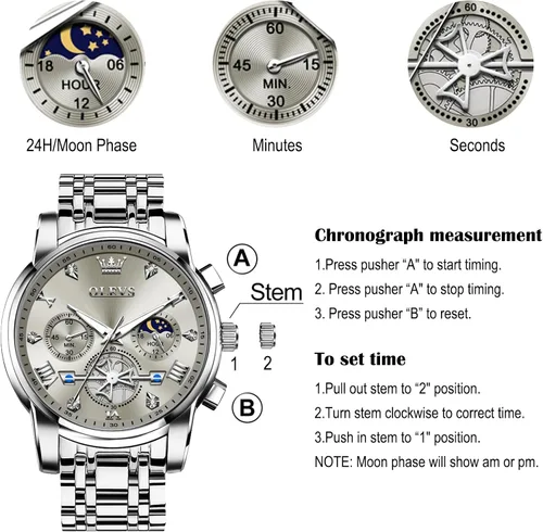 Vista 5 de OLEVS Relojes para hombre de acero inoxidable con cronógrafo, reloj de pulsera grande analógico de cuarzo, relojes de vestir impermeables de moda