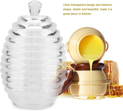Vista 4 de Tarro de miel, 9.0 fl oz, botella de miel transparente sellada, tarro de mermelada en forma de colmena, patrón de panal con barra de goteo