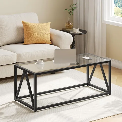 Vista 10 de Mesa de Café de Vidrio HOOBRO, Mesas de Café Doradas para Sala de Estar, Mesa de Café de Vidrio Dorada, Mesa Central de 1 Capa, Moderna, para Dorado