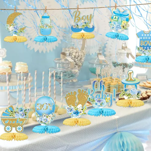 Vista 5 de Tarklanda 12 centros de mesa de nido de abeja para baby shower, decoración de fiesta para niños, diseño floral azul dorado con texto en inglés "It's