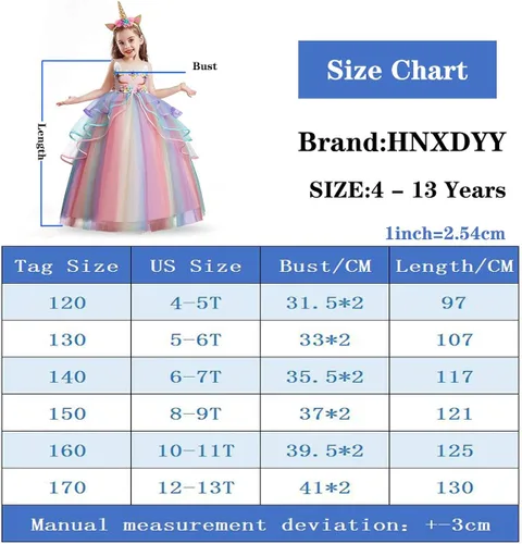 Vista 4 de Vestido de princesa de unicornio para niña vestido largo de tul arco iris ropa de cumpleaños para niños Arco iris