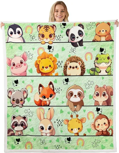 Vista 7 de Manta de franela de animales de dibujos animados para todas las estaciones, manta de cama azul con estampado de amor Kawaii para decoración