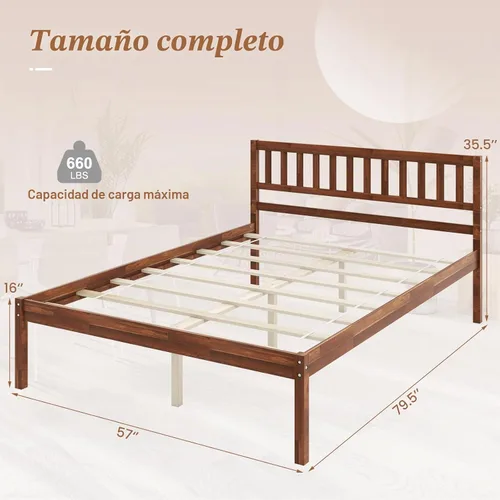 Vista 2 de KOMFOTT Base de cama de plataforma de madera de tamaño completo con cabecero, marco de cama de madera de mediados de siglo de 16 pulgadas