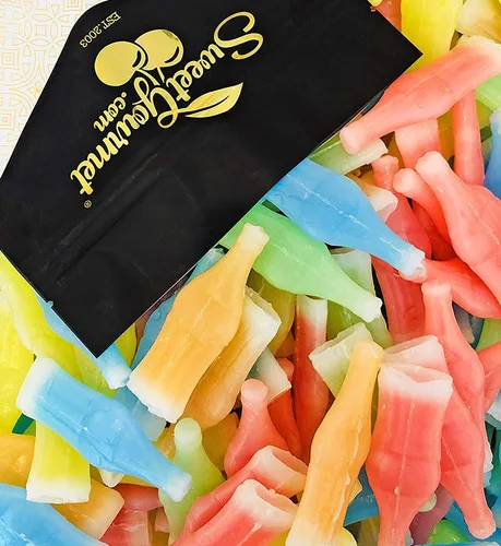 Vista 4 de SweetGourmet Botellas de caramelo de cera con relleno de bebidas, sabores de frutas surtidos, bolsa de 1 libra
