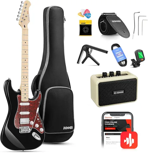 Donner, DST-152B Kit de guitarra eléctrica de 39 pulgadas HSS, con bobina de pastilla dividida, con amplificador, bolsa, accesorios, guitarra de
