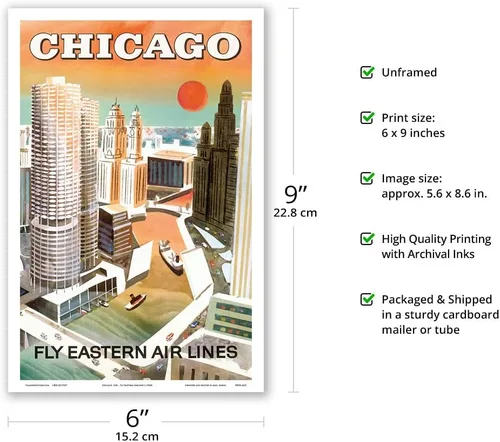 Vista 2 de Chicago USA - Marina City Chicago River - Fly Eastern Airlines - Vintage Airline Travel Poster c.1960s - Master Art Print (Unframed) 6in x 9in