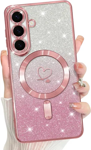 Vista 405 de Bonoma - Funda compatible con Samsung Galaxy S21 Plus, diseño de corazón con purpurina, color rosa Support for MagSafe, Plating Magnetic Case TPU