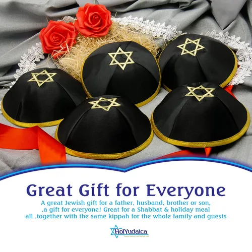 Vista 3 de Paquete de 10 piezas Hq 7.9 in Satin Kipá con cuerda de plataoro+Estrella de David para hombres y niños, sombrero Yamaka de Israel, Negro Oro