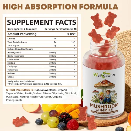 Vista 3 de Suplemento de gomitas de hongos con Ashwagandha - Suplemento de hongo de melena de león para adultos y niños con Reishi Cordyceps suplementos