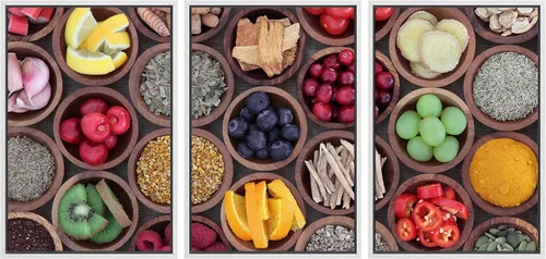 Vista 170 de wall26 Lienzo enmarcado para pared, juego de arte de hierbas, verduras y condimentos en madera, alimentos, fotografía cultural, realismo, paisaje