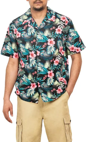 Vista 2 de FastRockee Men's Short Sleeve Hawaiian Shirt Cotton Beach Tropical Shirts