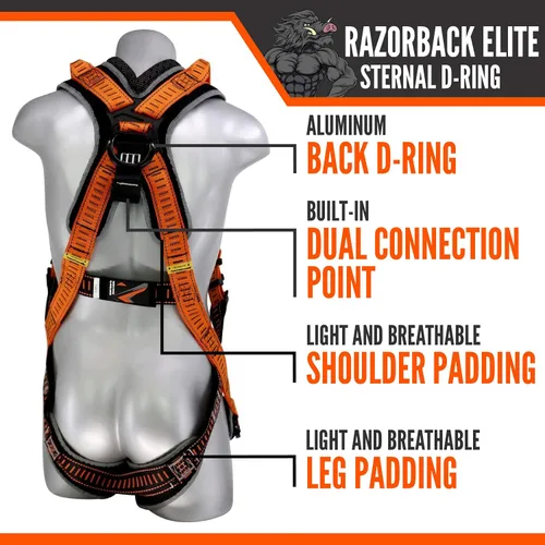 Vista 2 de Malta Dynamics Razorback Elite Arnés de seguridad – Kit de protección contra caídas de arnés de seguridad liviano con cinturón cosido y anillos en D