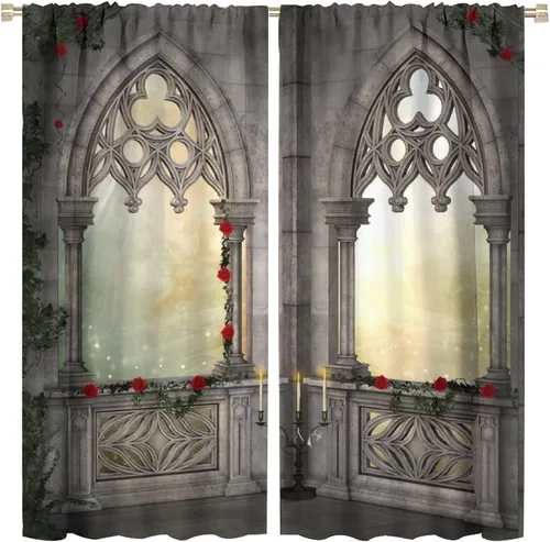Vista 20 de Cortinas opacas góticas, diseño de calavera de terror de palacio retro, fondo de rosas rojas, sala de estar, dormitorio, cocina, cortinas de ventana
