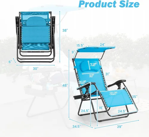 Vista 3 de Goplus Sillas Zero Gravity, Silla de jardín plegable y reclinable extra grande con toldo y soporte para tazas, Silla reclinable plegable ajustable