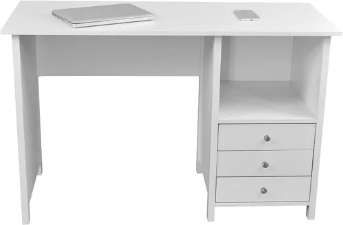Vista 9 de Techni Mobili Escritorio blanco con cajones: escritorio de oficina pequeño con 3 cajones de gabinete, estante abierto y paneles de madera laminada