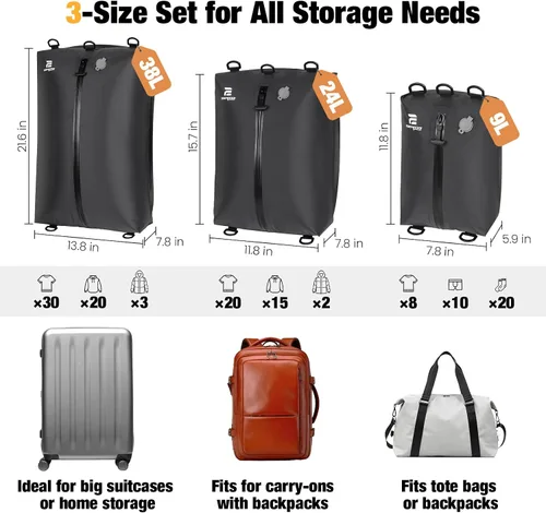 Vista 2 de Bolsas de vacío para viajes con bomba, juego de 3 tamaños, bolsas de compresión al vacío reutilizables para equipaje, ahorro de espacio IP67, cubos