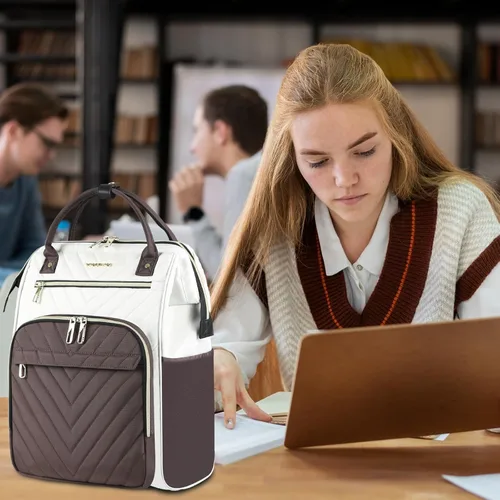 Vista 6 de VANKEAN Mochila para portátil de 17 pulgadas para mujeres y hombres, bolsa de trabajo de computadora de moda, Beige-café, 15,6 pulg., 7702