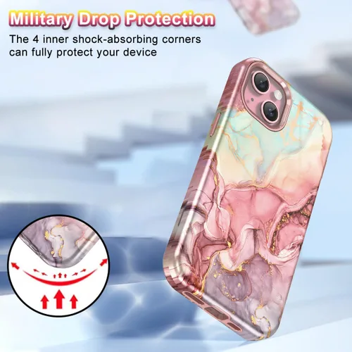 Vista 5 de Btscase Funda para iPhone 15 de 6.1 pulgadas (2023), patrón de mármol 3 en 1, resistente a prueba de golpes, cuerpo completo, policarbonato