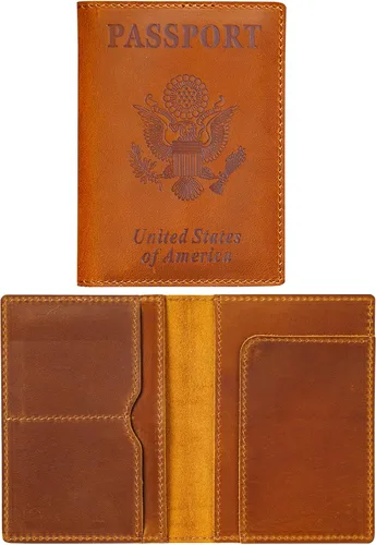 Vista 12 de HIFA Funda de cuero para pasaporte, funda para pasaporte hecha a mano con ranura para tarjetas y boletos, piel auténtica, diseño elegante, fácil