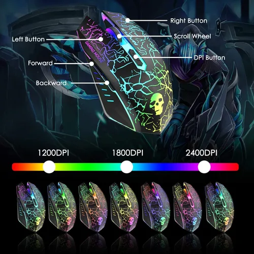 Vista 4 de Teclado de juego 5 en 1 con cable para auriculares y altavoz Combo con retroiluminación multi RGB ergonómico de 104 teclas de micrófono ajustable