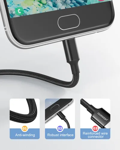 Vista 5 de aceyoon Cable micro USB de 1 pie, paquete de 2 cables de carga USB 2.0 Micro B, cable corto de nailon trenzado de datos para teléfono Galaxy S6 S7
