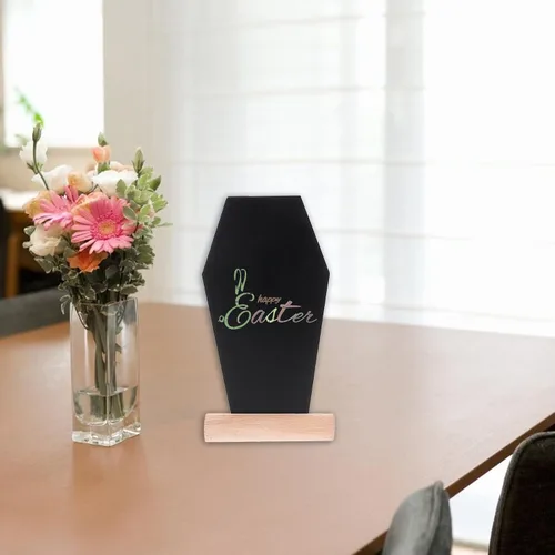 Vista 8 de Amosfun 4 letreros de pizarra de doble cara con base de madera en forma de lápida para tiendas, bodas, cocina, hogar, decoración de fiesta