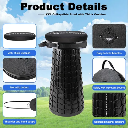 Vista 5 de 2026 Heavy Duty XXL Collapsible Stool with Thick Cushion,1000lbs Capacity, 23"Taller & 13" Wider Foldable Retractable Telescoping Stool for Adults