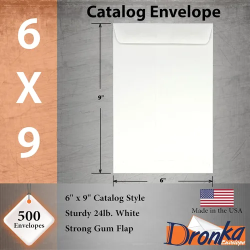 Vista 2 de 500 sobres Dronka Envelope para catálogo, 6 x 9 pulgadas, extremo abierto, papel blanco de 24 libras, cierre engomado, 500