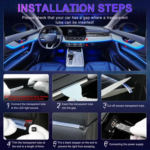 Vista 5 de LivTee - Luces LED inteligentes para interior de automóvil con puerto USB, tira de luces LED de fibra óptica, control inalámbrico por aplicación
