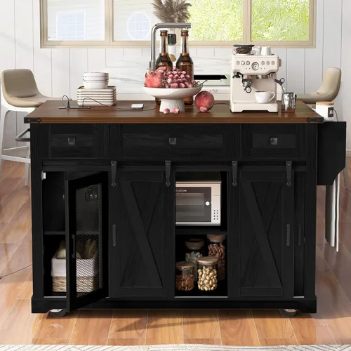 Vista 10 de Isla de cocina de 2 hojas caídas sobre ruedas, carrito de cocina rodante con tomas de corriente, mesa de isla de cocina con 2 gabinetes