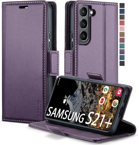 Vista 11 de Funda tipo cartera para Samsung Galaxy S21+ Plus 5G con bloqueo RFID, tarjetero y función atril magnético, funda de piel con tapa para Samsung Negro